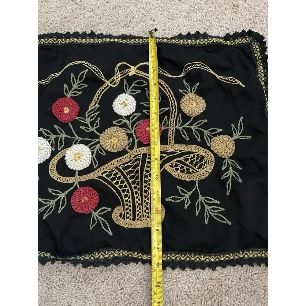 Vintage Crewel Embroidery Pillow Cover Basket Flowers Raised Wool Folk Art